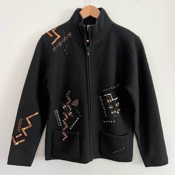 Chico’s Beaded Embroidered 100% Wool Full Zip Jacket Womens 0 Sequin Embellished - Picture 1 of 16